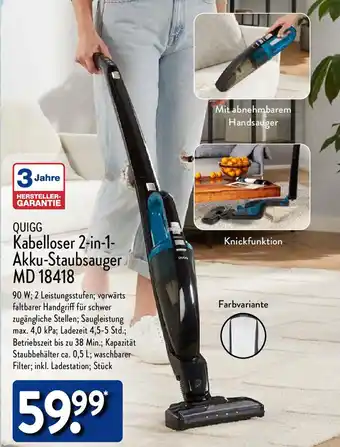 Aldi Nord QUIGG Kabelloser 2-in-1-Akku-Staubsauger MD 18418 Angebot