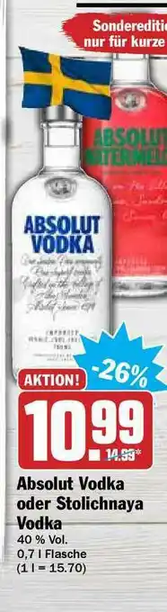 Hit Absolut Vodka Oder Stolichnaya Vodka Angebot