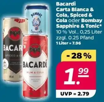 NETTO Bacardi Carta Blanca & Cola, Spiced & Cola oder Bombay Sapphire & Tonic 0,25 Liter Angebot