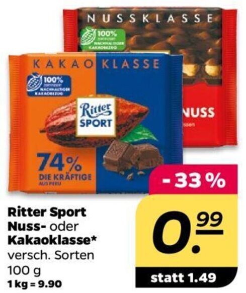 NETTO Ritter Sport Nuss- oder Kakaoklasse 100 g Angebot
