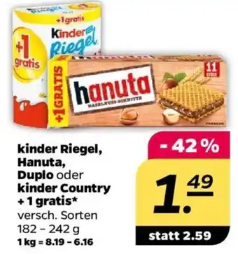 NETTO kinder Riegel, Hanuta, Duplo oder kinder Country + 1 gratis* 182 - 242 g Angebot