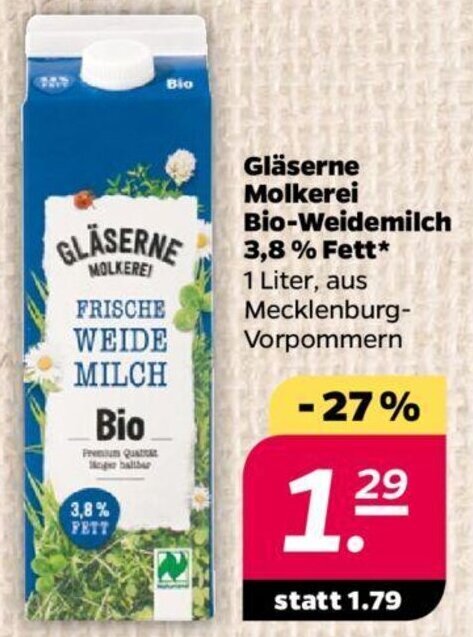 NETTO Gläserne Molkerei Bio-Weidemilch 3,8% Fett* 1 Liter Angebot