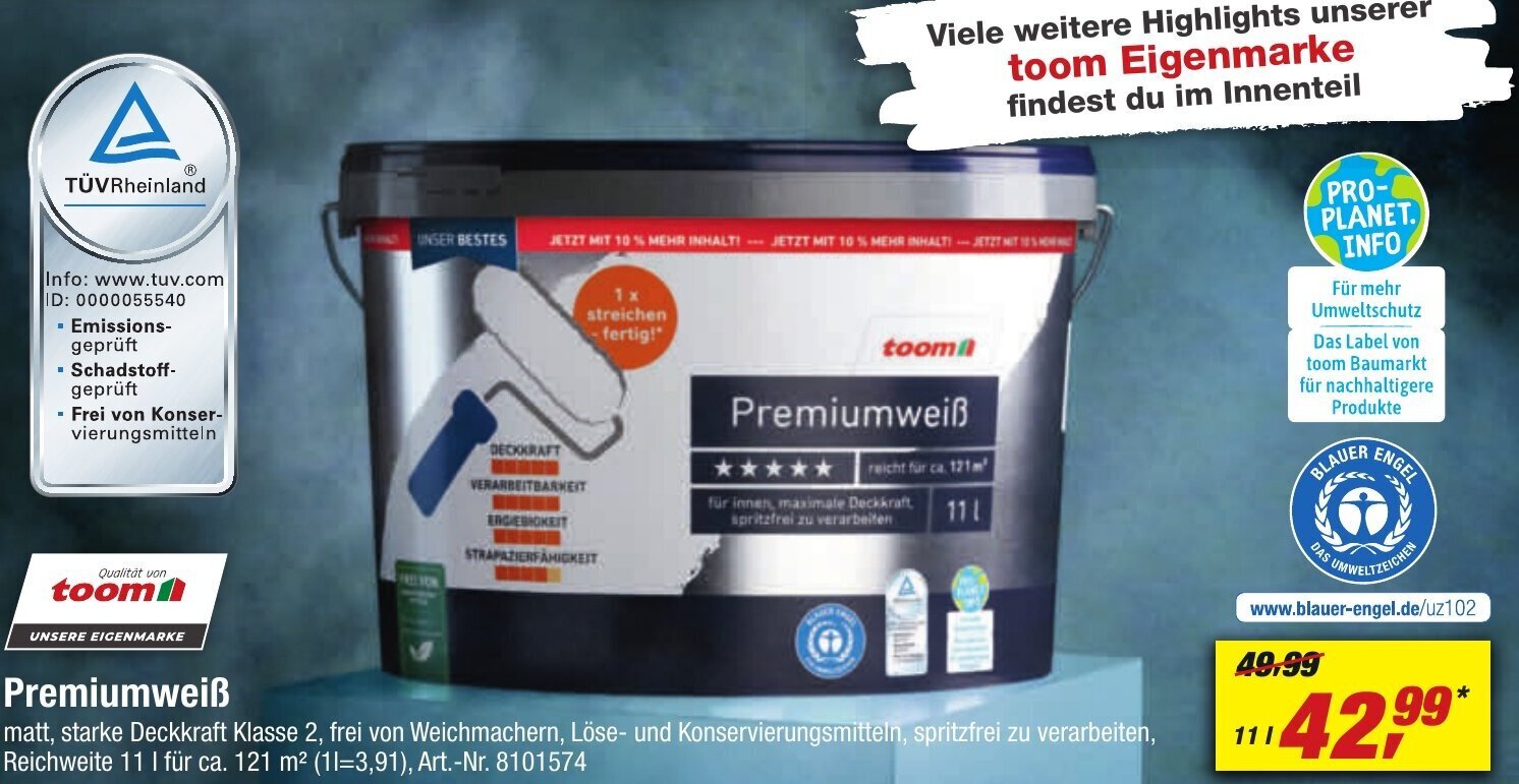 toom Baumarkt Premiumweiß 11 L Angebot