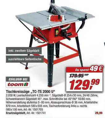 toom Baumarkt Tischkreissäge „tc-ts 2000 U” Angebot