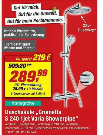 toom Baumarkt Hansgrohe Duschsäule „crometta S 240 1jet Varia Showerpipe” Angebot