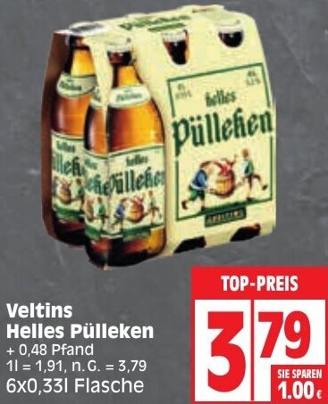 Edeka Veltins Helles Pülleken 6x0,33 L Flasche Angebot