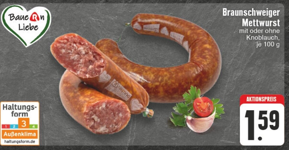 Edeka Wegner Braunschweiger Mettwurst mit oder ohne Knoblauch, je 100 g Angebot
