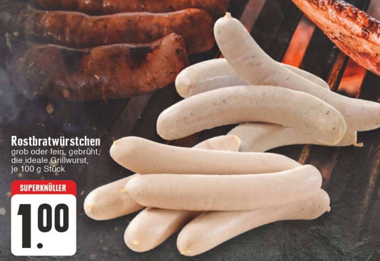 Edeka Wegner Rostbratwürstchen grob oder fein, gebrüht, die ideale Grillwurst, je 100 g Stück Angebot