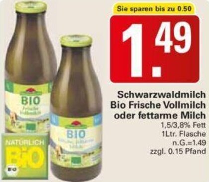 WEZ Schwarzwaldmilch Bio Frische Vollmilch oder fettarme Milch 1Ltr. Flasche Angebot