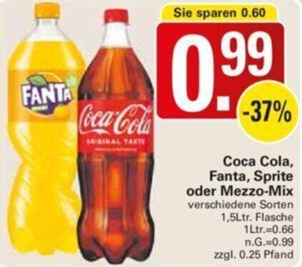 WEZ Coca Cola, Fanta, Sprite oder Mezzo-Mix 1,5Ltr. Flasche Angebot