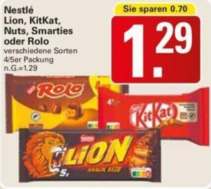 WEZ Nestlé Lion, KitKat, Nuts, Smarties oder Rolo 4/5er Packung Angebot