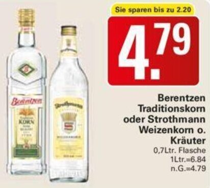 WEZ Berentzen Traditionskorn oder Strothmann Weizenkorn o. Kräuter 0,7Ltr. Flasche Angebot
