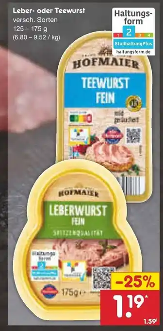 Netto Marken-Discount HOFMAIER Leber- oder Teewurst 125-175 g Angebot