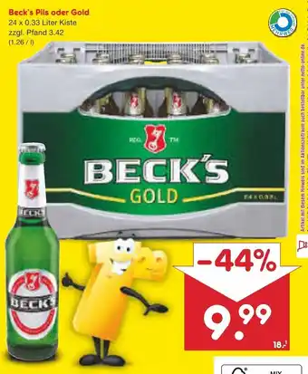 Netto Marken-Discount Beck's Pils oder Gold 24 x 0,33 Liter Kiste zzgl. Pfand 3.42 (1.26/1) Angebot