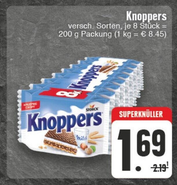 Edeka Wegner Knoppers versch. Sorten, je 8 Stück = 200 g Packung (1 kg = € 8.45) Angebot