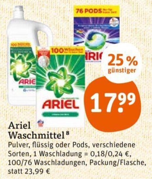 tegut Ariel Waschmittel 100/76 Waschladungen Angebot