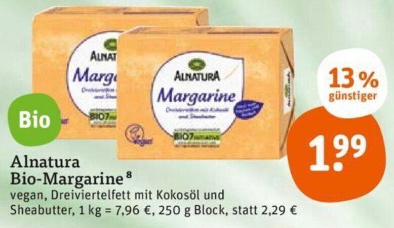 tegut Alnatura Bio-Margarine 250 g Block Angebot