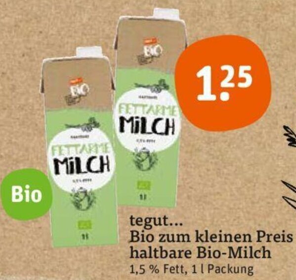 tegut tegut... Bio zum kleinen Preis haltbare Bio-Milch 1 L Packung Angebot