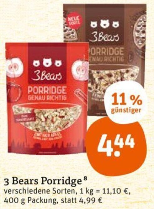 tegut 3 Bears Porridge 400 g Packung Angebot