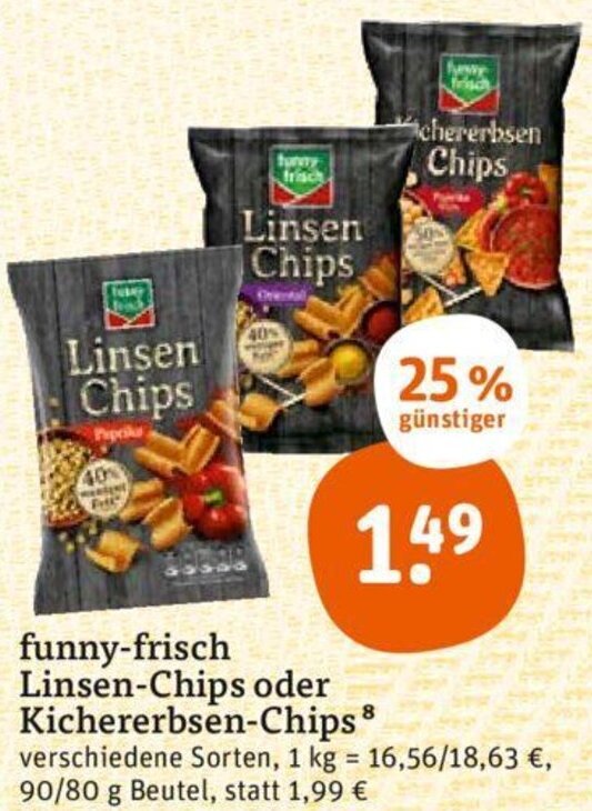 tegut funny-frisch Linsen-Chips oder Kichererbsen-Chips 90/80 g Beutel Angebot