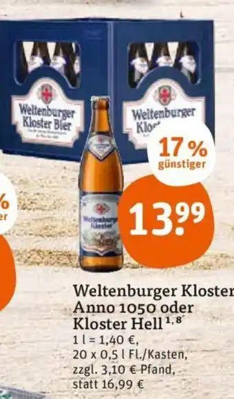 tegut Weltenburger Kloster Anno 1050 oder Kloster Hell 20x0,5 L Angebot