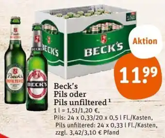tegut Beck's Pils oder Pils unfiltered 24x0,33/20x0,5 L Angebot