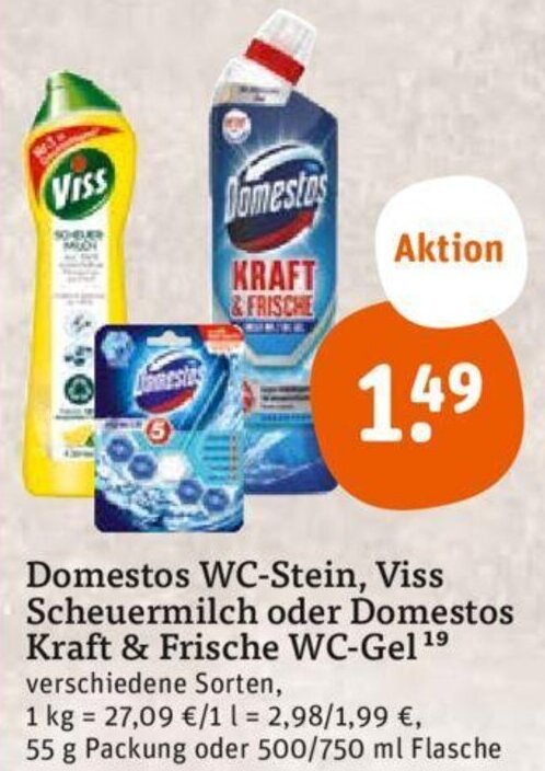 tegut Domestos WC-Stein, Viss Scheuermilch oder Domestos Kraft & Frische WC-Gel Angebot