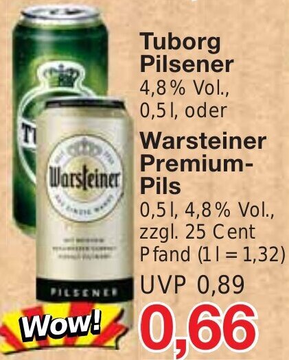 Jawoll Tuborg Pilsener 0,5 L oder Warsteiner Premium Pils 0,5 L Angebot