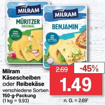 Famila Nord West Milram Käsescheiben oder Reibekäse 150-g-Packung Angebot