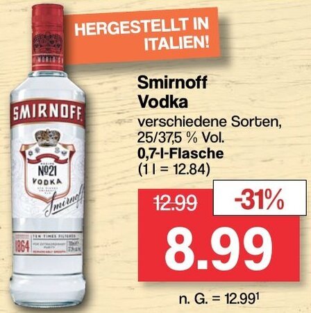 Famila Nord West Smirnoff Vodka 0,7 L Flasche Angebot