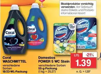 Famila Nord West Coral WASCHMITTEL 18/23-WL-Packung oder Domestos POWER 5 WC Stein 55-g-Packung Angebot