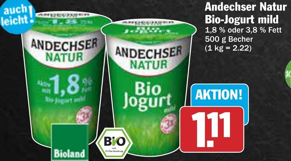 AEZ Andechser Natur Bio-Jogurt mild 500 g Becher Angebot
