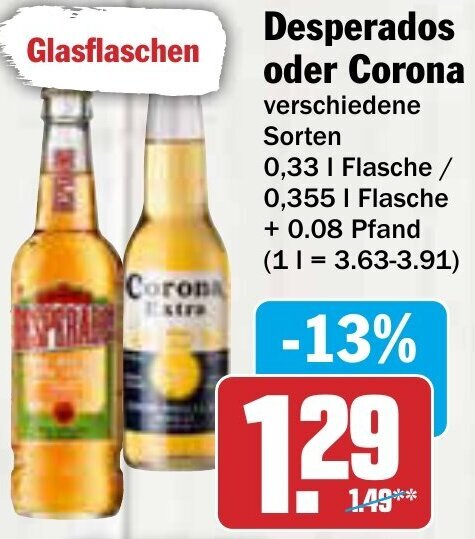 AEZ Desperados oder Corona 0,33 L Flasche / 0,355 L Flasche Angebot