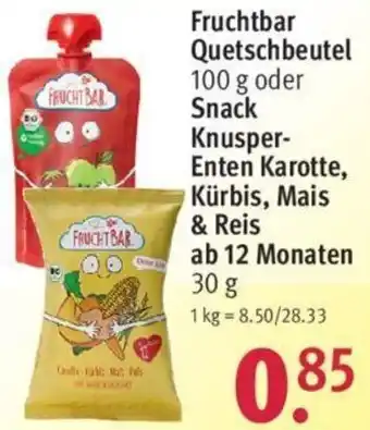 Rossmann Fruchtbar Quetschbeutel 100 g oder Snack Knusper-Enten Karotte, Kürbis, Mais & Reis 30 g Angebot