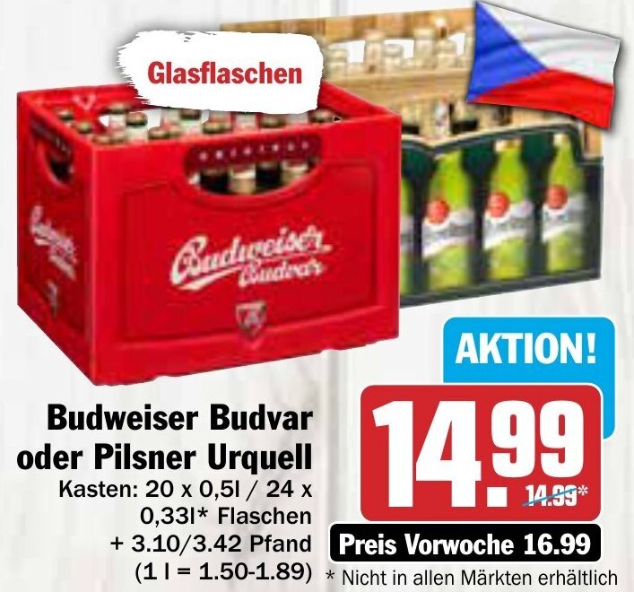 AEZ Budweiser Budvar oder Pilsner Urquell 20x0,5/24x0,33 L Angebot