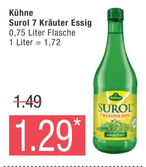 Marktkauf Kühne Surol 7 Kräuter Essig 0,75 Liter Flasche 1 Liter = 1,72 Angebot