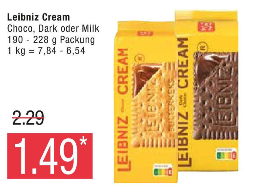 Marktkauf Leibniz Cream Choco, Dark oder Milk 190228 g Packung 1 kg = 7,84 - 6,54 Angebot