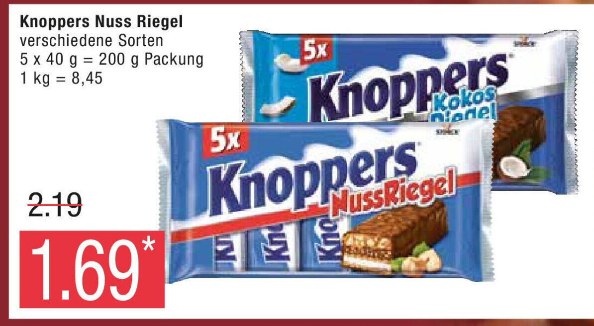 Marktkauf Knoppers Nuss Riegel verschiedene Sorten 5 x 40 g = 200 g Packung 1 kg = 8,45 Angebot