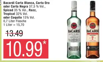 Marktkauf Bacardi Carta Blanca, Carta Oro oder Carta Negra 37,5 % Vol., Spiced 35 % Vol., Razz, Tropical 32% Vol. o. Coquito 700ml Angebot