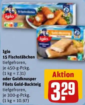 REWE Iglo 15 Fischstäbchen 450 g oder Goldknusper Filets Gold Backteig 300 g Pckg. Angebot