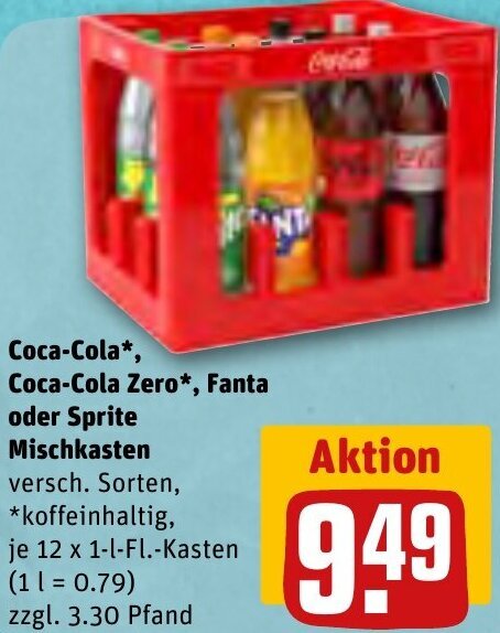 REWE Coca-Cola*, Coca-Cola Zero*, Fanta oder Sprite Mischkasten 12 x 1-l-Fl.-Kasten Angebot