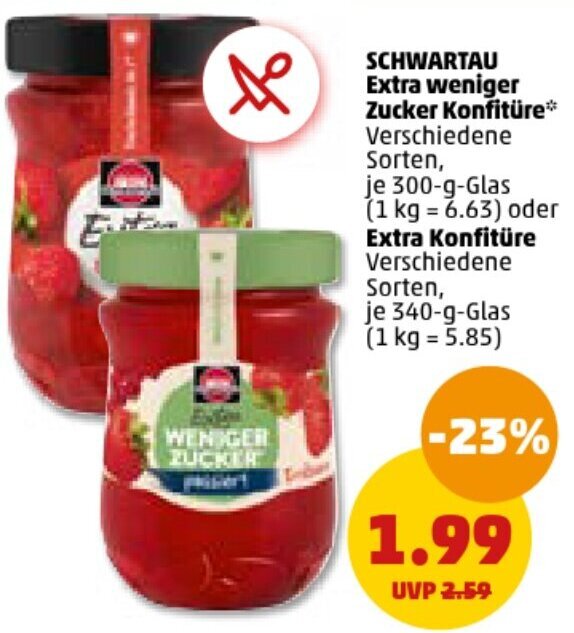 PENNY SCHWARTAU Extra weniger Zucker Konfitüre 300 g oder Extra Konfitüre 340 g Glas Angebot