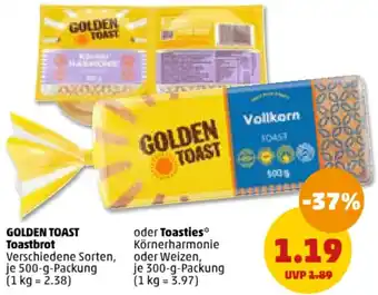 PENNY GOLDEN TOAST Toastbrot 500 g oder Toasties 300 g Packung Angebot