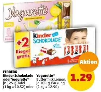 PENNY FERRERO Kinder Schokolade oder Yogurette 125 g Tafel/100 g Packung Angebot