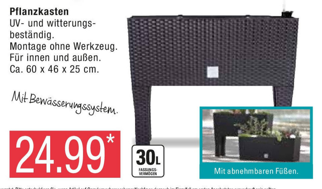 Marktkauf Pflanzkasten UV- und witterungs-beständig. Montage ohne Werkzeug. Für innen und außen. Ca. 60 x 46 x 25 cm. Angebot
