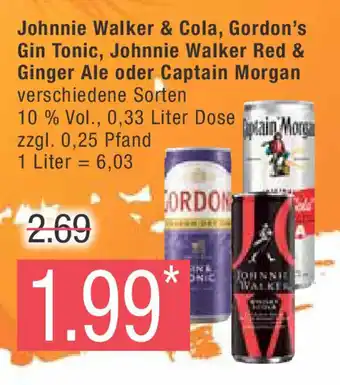 Marktkauf Johnnie Walker & Cola, Gordon's Gin Tonic, Johnnie Walker Red & Ginger Ale oder Captain Morgan versch Sorten 10% Vol., 0,33 L Angebot