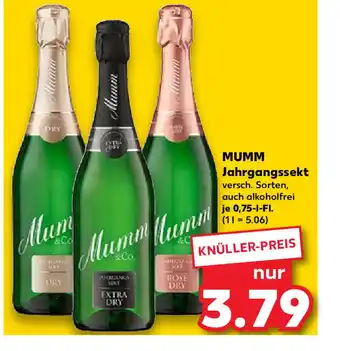 Kaufland MUMM Jahrgangssekt versch. Sorten, auch alkoholfrei je 0,75-1-FI. (1L=5.06) Angebot