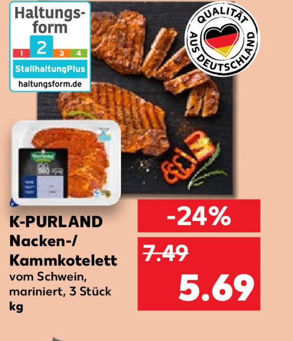 Kaufland K-PURLAND Nacken-/ Kammkotelett vom Schwein, mariniert, 3 Stück kg Angebot