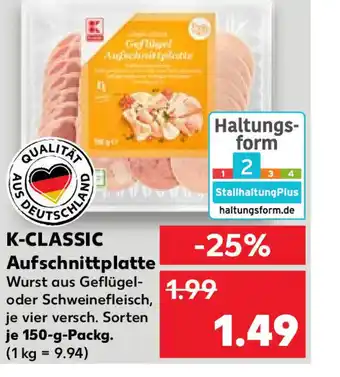 Kaufland K-CLASSIC Aufschnittplatte Wurst aus Geflügel-oder Schweinefleisch, je vier versch. Sorten je 150-g-Packg. (1 kg = 9.94) Angebot