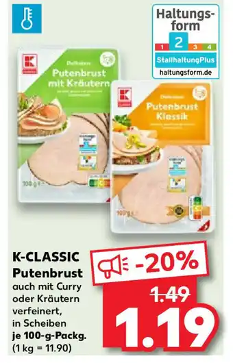 Kaufland K-CLASSIC Putenbrust auch mit Curry oder Kräutern je 100-g-Packg. Angebot